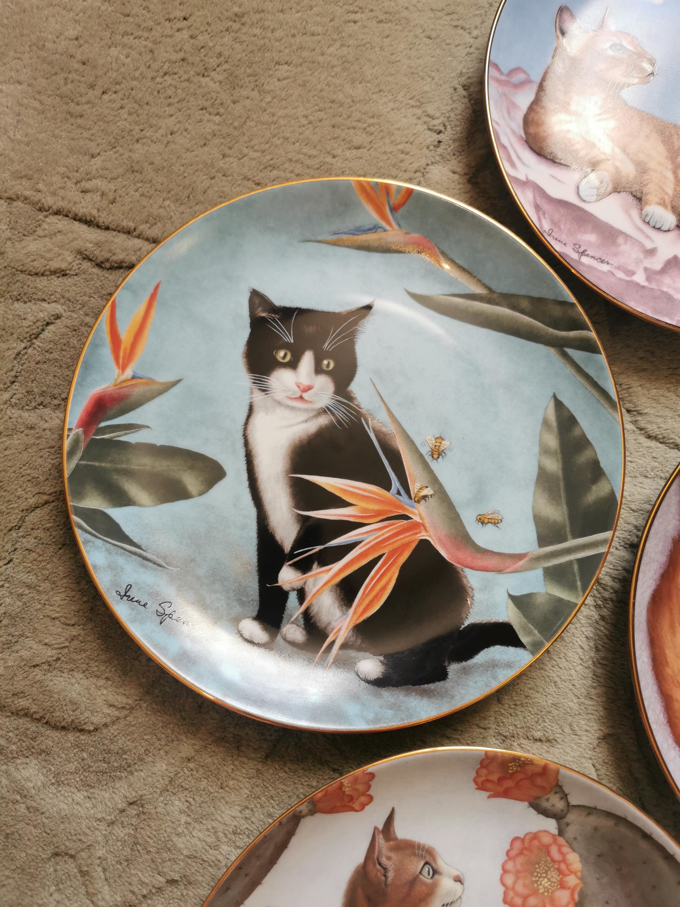 Vintage Danbury Mint Cats and Flowers Porcelain Plate Set by Irene