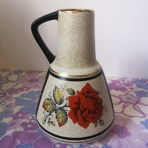 vase vintage Dumbler & Breiden vase en poterie ouest-allemand. Décor de poterie du milieu du siècle, Allemagne 1960s 1970s rose, or et noir décor, cadeau.