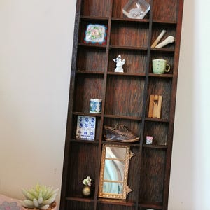 Vintage wooden display holder with mini curios Included. knick knack shelf home wall decor. Miniature collection, oddities display case.