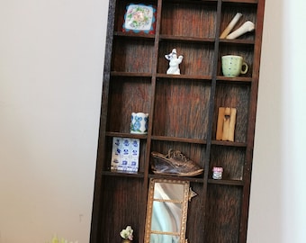 Vintage wooden display holder with mini curios Included. knick knack shelf home wall decor. Miniature collection, oddities display case.
