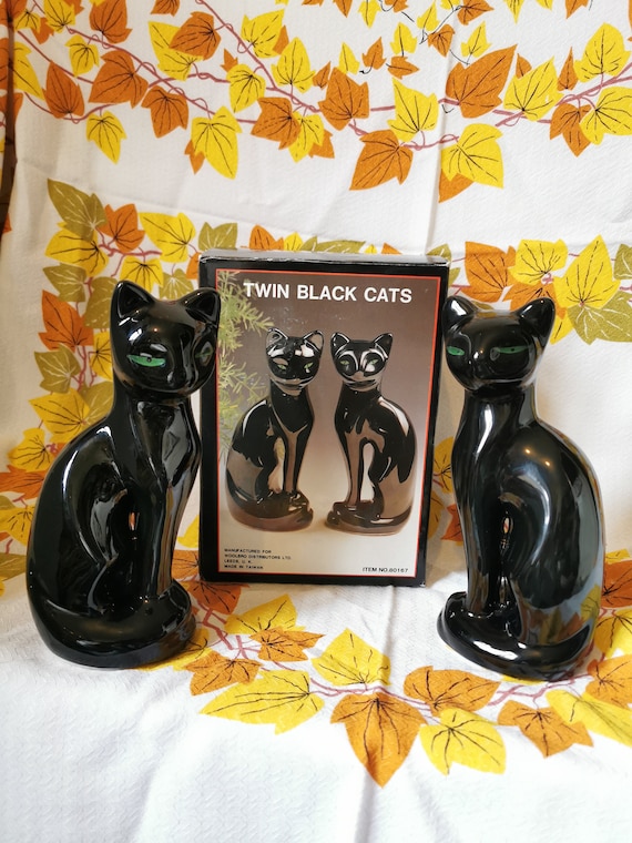 Vintage Pair of Pottery Black Cats. Midcentury Style Sleek