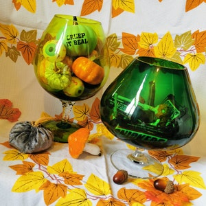 Vintage green glass brandy vase. SOLD SEPARATELY. Oversized glass vase. Midcentury green glass, dark, Gothic, Halloween, Christmas decor.