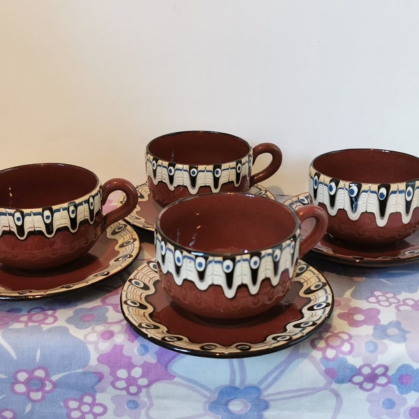 Vintage Bulgaria Troyan Redware Cup and Saucer set. Vintage terracotta, slipware, drip glaze demitasse, small teacups. Set of 4 Pottery cups