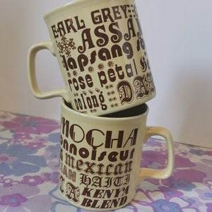 Vintage Kilncraft Pottery Staffordshire Tea and Coffee Mug Pair. Midcentury 1970s rare mugs. Vintage Fonts cups, types of teas and coffee.