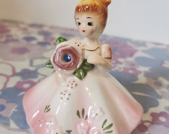 Vintage Josef Originals Giftcraft Japan flower girl ornament. Cute midcentury kitsch rhinestone flower figurine. 1960s home decor gift.