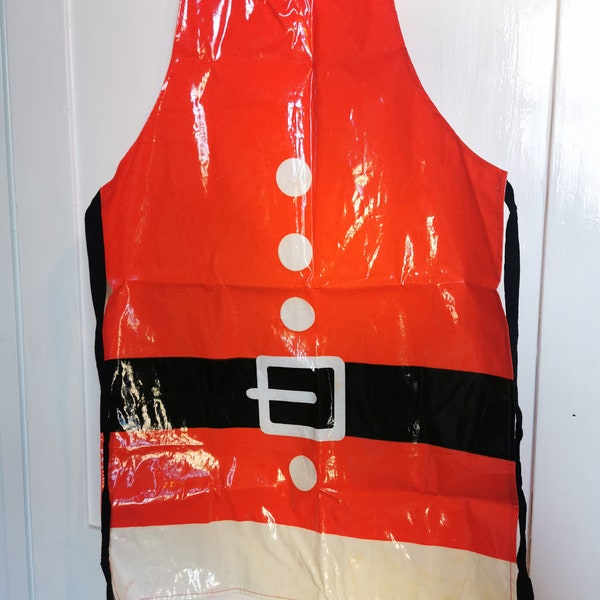 Père Noël vintage, tablier du Père Noël. Essuyable, essuyable, coton enduit de PVC rouge noël, costume de vacances nouveauté tablier de cuisine amusant noël