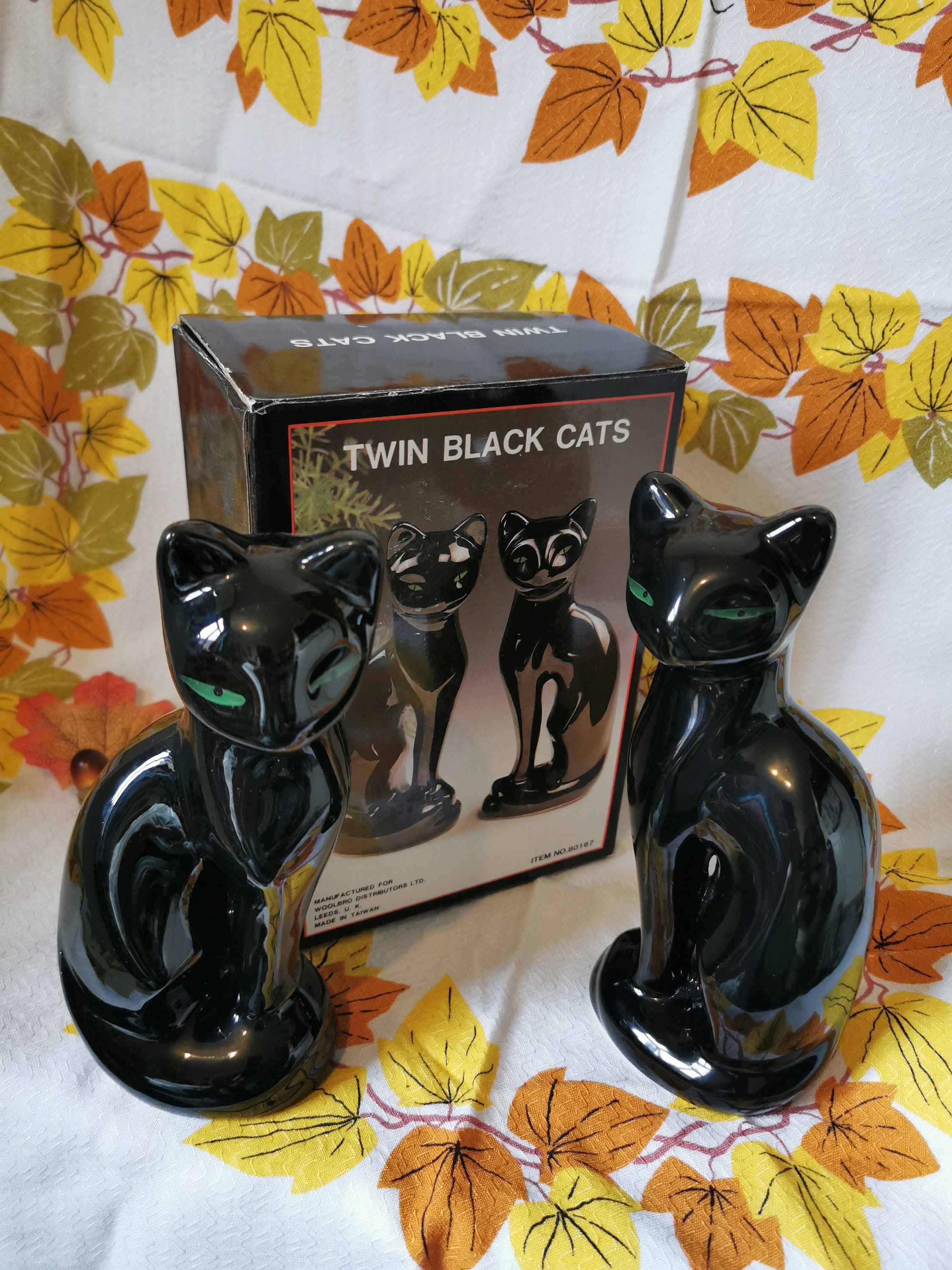 Vintage Pair of Pottery Black Cats. Midcentury Style Sleek
