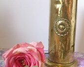 Vintage Brass shell case vase. Vintage artillery shell, gold decorative vase. Handmade brass decor. Flower motif. Vtg gold interior.