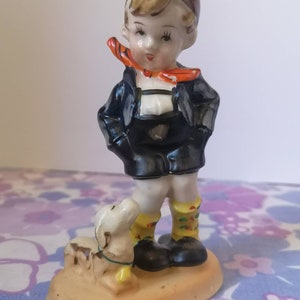 Vintage made in occupied Japan figurine. Cute handpainted boy and dog ceramic ornament. Midcentury cute decor. Japanese boy figure.
