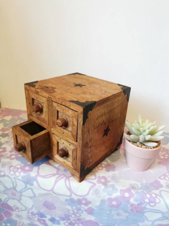 Vintage small handmade Indian wooden 4 drawer storage box.Rustic mango wood trinket,jewellery,spice box. Vintage India, 