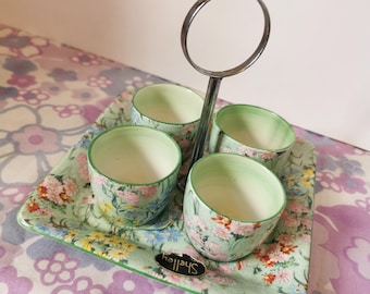 Vintage Shelley China Melody Chintz 4 Eggcup and stand, tray set. 1940s fine bone china chintzware, floral set. collectable English china.