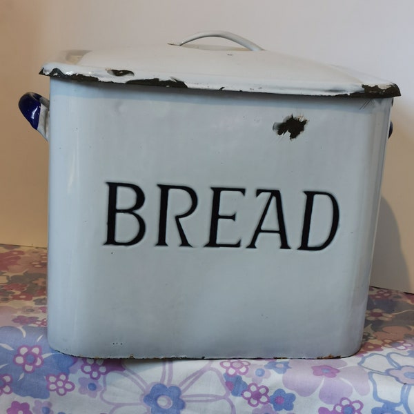 Vintage Large enamel bread bin. Vintage white and blue enamelware bread storage caddy. Rustic, chippy, patina bread bin, Kitchen store.