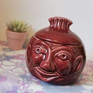 May include: A maroon ceramic jar with a lid, featuring a sculpted face design. The jar has a round body and a textured lid. A small pink pot with a succulent plant is in the background. The jar is on a floral patterned surface.