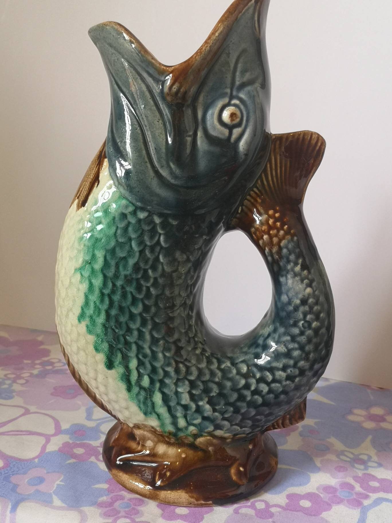 Antique earthenware majolica gurgling fish pitcher jug vase. Etsy