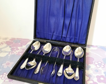 Vintage midcentury teaspoons and sugar tong boxed set. Vintage flatware nickel silver set of 6 tea spoons and tongs. Vintage afternoon tea.