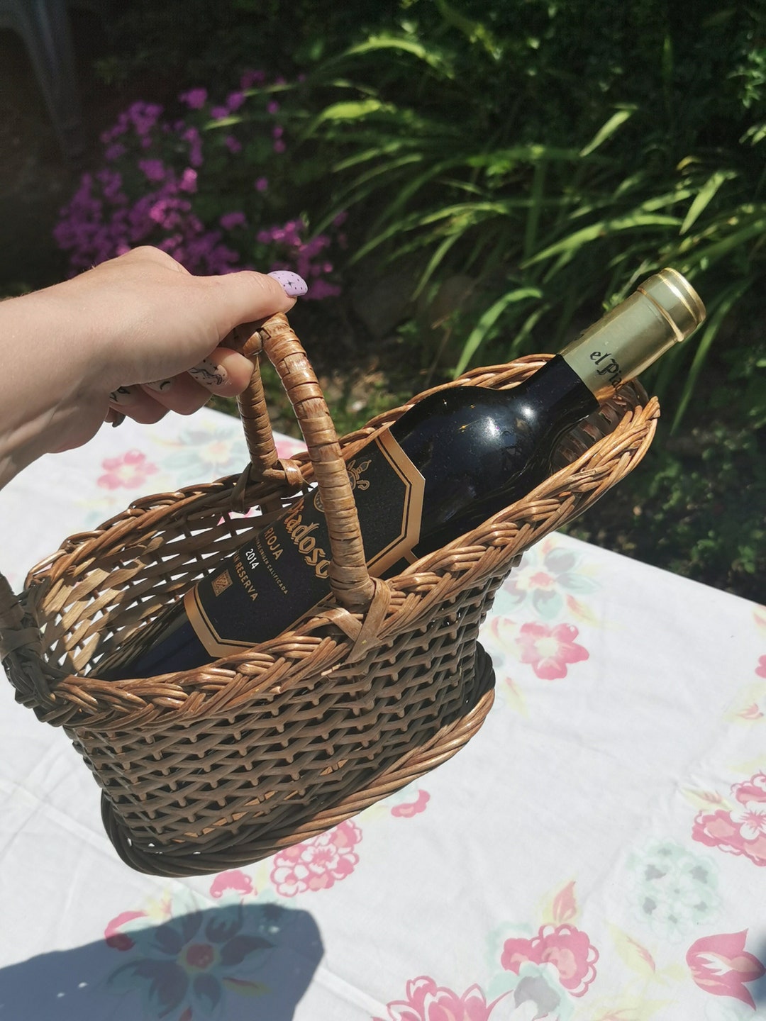 Vintage Wicker Wine Bottle Holder, Carrier, Pourer. Woven Rustic Wine