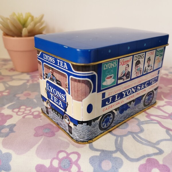 vintage J Lyons & Co advertising tea tin. 1980s Victorian bus tram design storage tin. lyons tea rooms metal tin, tea caddy, storage pot.