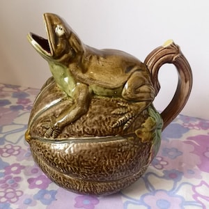 19th Century Majolica frog on melon pitcher, jug, decanter. Aesthetic movement antique frog and cantaloupe melon pitcher. Antique English.