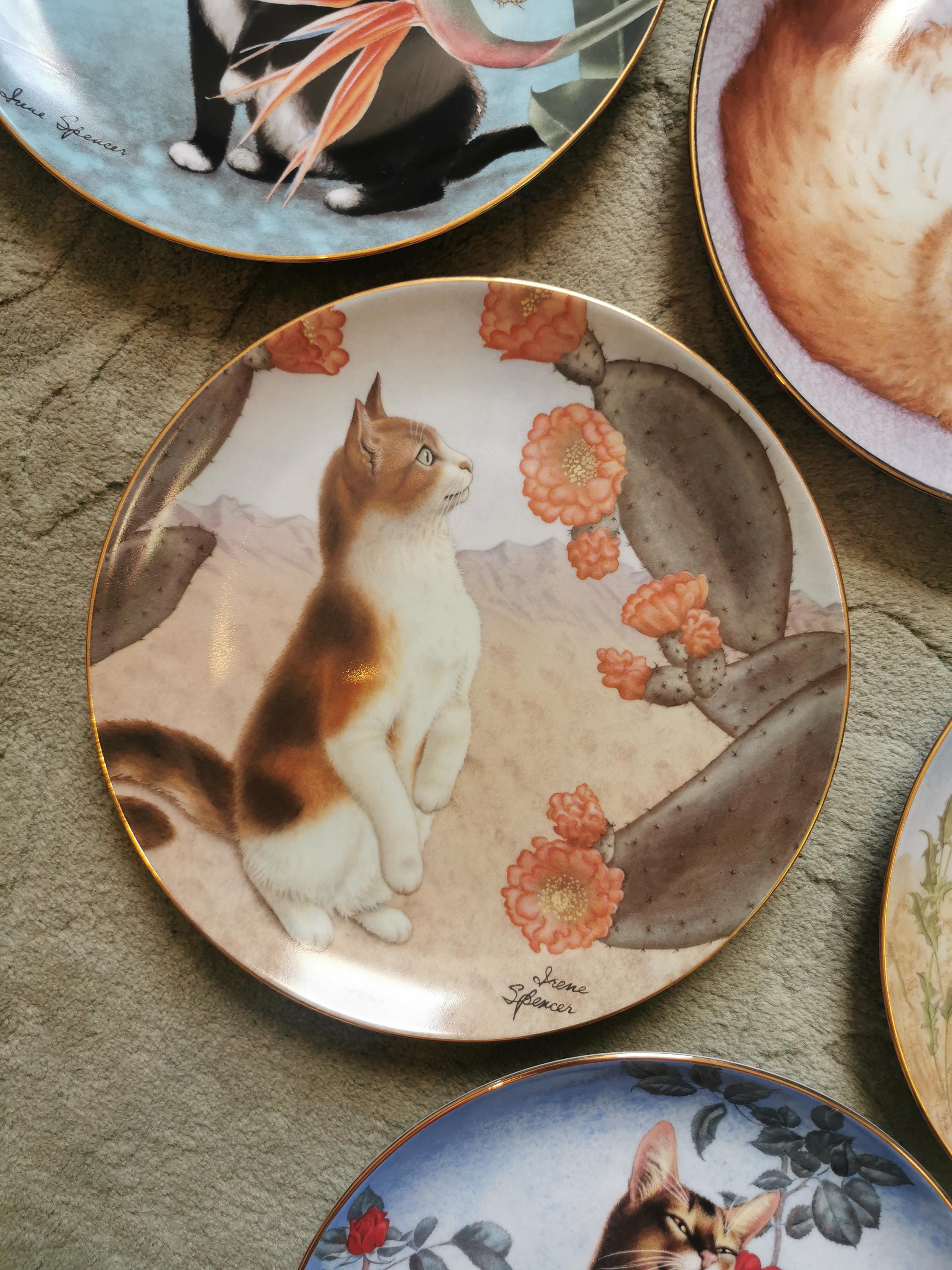 Vintage Danbury Mint Cats and Flowers Porcelain Plate Set by Irene