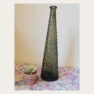 Vintage Italian glass wave genie bottle. Smokey grey Empoli glass Italy tall bottle vase, decanter. Midcentury 1960s glass decor, home gift.