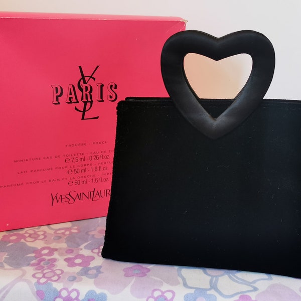 Vintage YSL Yves Saint Laurent Black Bag with original box. ysl Paris black velvet and satin, heart shape top handle toiletries bag, handbag