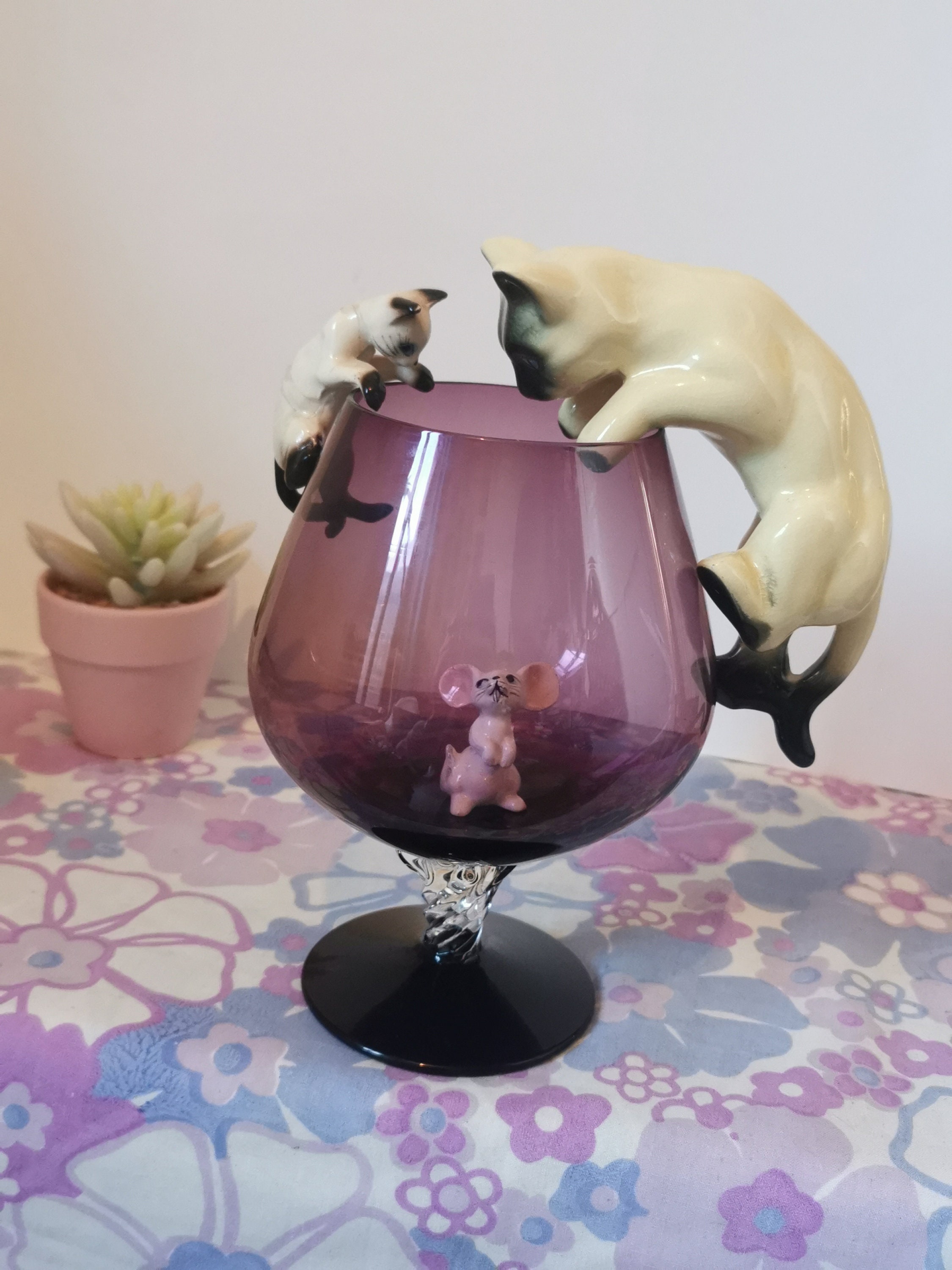 Vintage Cat and Mouse Brandy Glass. Kitsch Oversized Purple Glass