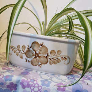 May include: White ceramic planter with a brown floral design. The planter is oval shaped and has a smooth, glossy finish. A green spider plant is growing in the planter.