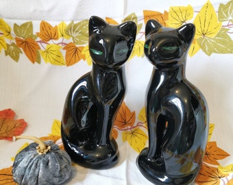 Vintage Pair of Pottery Black Cats. Midcentury Style Sleek