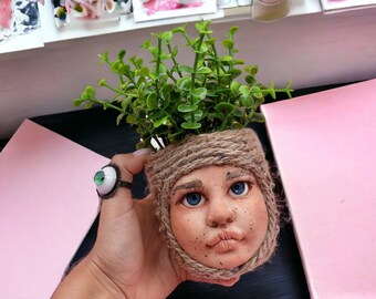 Sculpted Face Plant Pot - Realistic Sculpture - Weird Scary Cute - OOAK- Weird Art - Pop Surreal - Polymerclay - Doll Art
