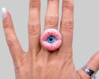 Mouth/Lip Ring with Blue Eye - Realistic Scary Cute Strange - Eyeball - OOAK