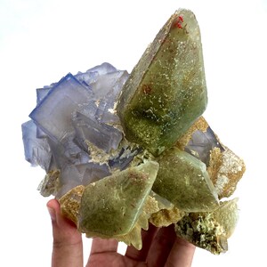 Puede incluir: Un grupo de cristales de fluorita naturales. La muestra presenta cristales transl&uacute;cidos de color verde claro y azul con una superficie rugosa y texturizada. Algunos cristales tienen peque&ntilde;as inclusiones rojas. La formaci&oacute;n mineral se encuentra sobre un fondo blanco.