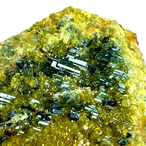 May include: Close-up of a mineral specimen featuring a matrix of yellow-green crystals. Dark green, elongated crystals are clustered throughout the specimen. The mineral has a rough, textured surface and a natural, earthy appearance.