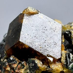 Op de afbeelding: Close-up van een mineraalmonster met een donker, glanzend, kubisch kristal. Het kristal heeft een reflecterend oppervlak met subtiele onvolkomenheden. Rondom het kristal bevinden zich andere minerale formaties in tinten bruin, groen en zwart.