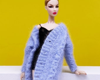 Handmade Mohair Doll Cardigan: Blue Oversize Sweater for 12" Fashion Dolls Fashion royalty Poppy Parker