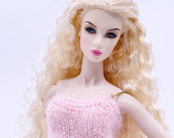 Handmade Pink Mohair Knit Dress with Chain Straps for Fashion Royalty 12" Dolls