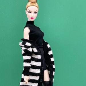 Handmade by Jiu 036 - Black/White Stripes Cardigan Sweater For 12“ Dolls Like Fashion Royalty FR Poppy Parker PP Nu Face NF