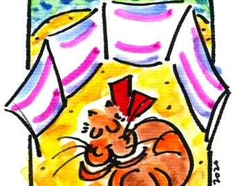 CAT NAP #65 BEACH*Jane Sarah Staffier*Watercolor*Print*Art and Collectibles*Cat Art*Cat Gift*Vet Gif*Whimsical Cat*Cartoon*Beach House Decor