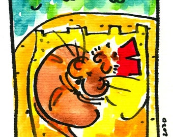 CAT NAP #27 SAND Castle*Jane Sarah Staffier*Watercolor*Print*Art and Collectibles*Cat Art*Cat Gift*Vet Gif*Whimsical Cat*Cartoon*Cat Beach