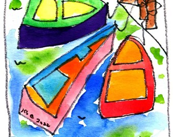 NANTUCKET DORYS #31*Jane Sarah STAFFIER*Print*Nantucket*Cape Cod Art*Pink Boats*Cartoon Boats*Nautical Print*Row Boat Art*Nautical Art*Blue