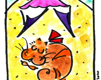 CAT NAP #65*Jane Sarah Staffier*Art and Collectibles*Cat Art*Cat Gift*Vet Gif*Whimsical Cat*Cartoon Cat*Beach Cat*Cat Sitter Gift*Hostess