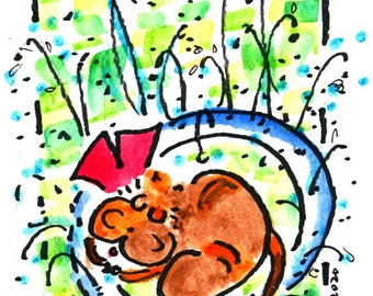 CAT NAP #57*Jane Sarah STAFFIER*Watercolor*Print*Art and Collectibles*Cat Art*Cat Gift*Vet Gif*Whimsical Cat*Cartoon Cat*Gardener Gift