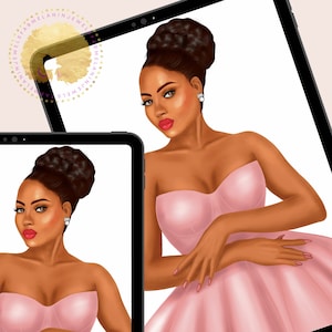 May include: A digital illustration of a woman with dark brown skin wearing a pink strapless dress. She has her hair pulled back in a bun and is wearing pearl earrings. The image is displayed on a tablet.