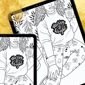 Merry and Bright | Adult Coloring Book Page | Black Women Coloring Book | Black Woman Coloring Pages