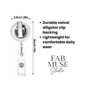 May include: A silver retractable badge reel with a durable swivel alligator clip backing. The reel is 3.2cm/1.26in wide and 8cm/3.15in long. The text on the image says "Lightweight for comfortable daily wear."