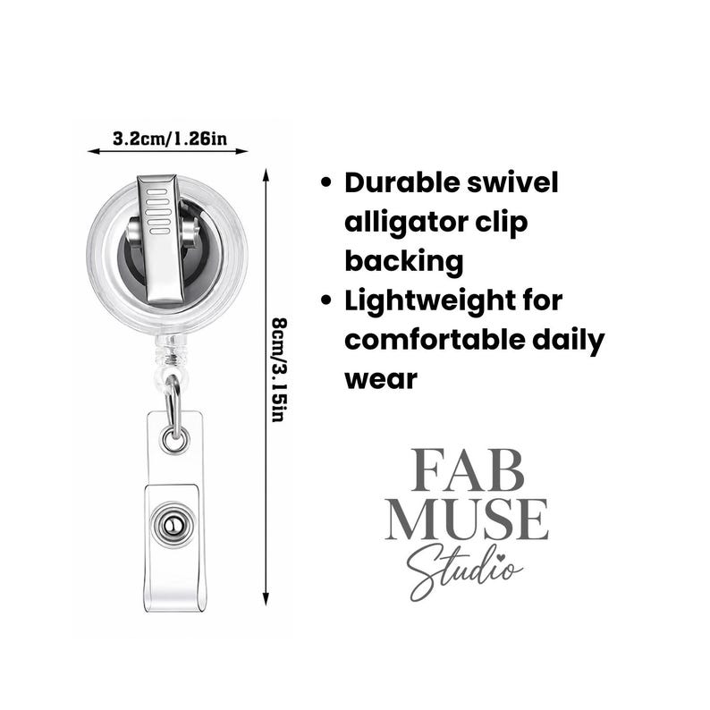 May include: A silver retractable badge reel with a durable swivel alligator clip backing. The reel is 3.2cm/1.26in wide and 8cm/3.15in long. The text on the image says "Lightweight for comfortable daily wear."
