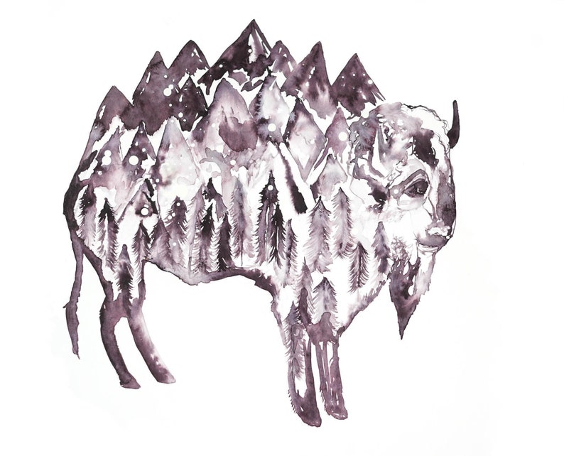 by Rose Rice. Western Mountain buffalo fine art watercolor Print