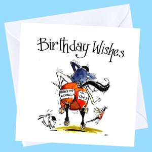 Funny Horse Birthday Card – “How’s My Riding?” Cartoon – Quirky Equestrian Humour Card – Birthday Wishes for Horse Lovers