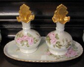 1980s Vanity Set Lustre Roses Porcelain Perfume Bottles Boxes 9 Pieces