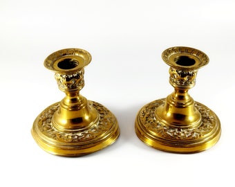Vintage Set of Two English Lightweight Brass Candle Holders Home Decor, Brass Candlesticks Ornated Brass Candle Sticks Altar Decor 50s
