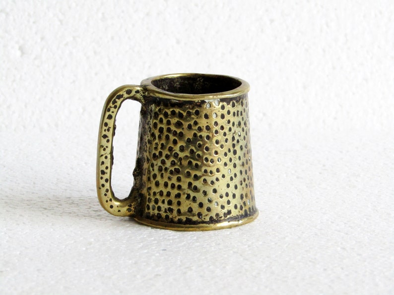 Retro Patina Brass Tankard Match Holder Vintage Small Brass Tankard Old Brass Desk Storage Wee Vintage Collectible Metal Brass Mug 70s